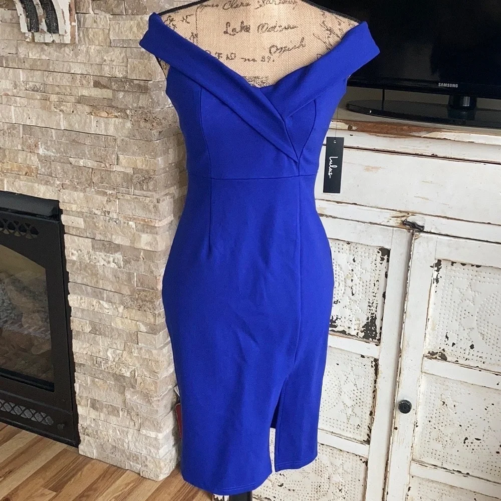 Lulu’s Classic Glam blue off-the-shoulder zip back leg slit body con dress